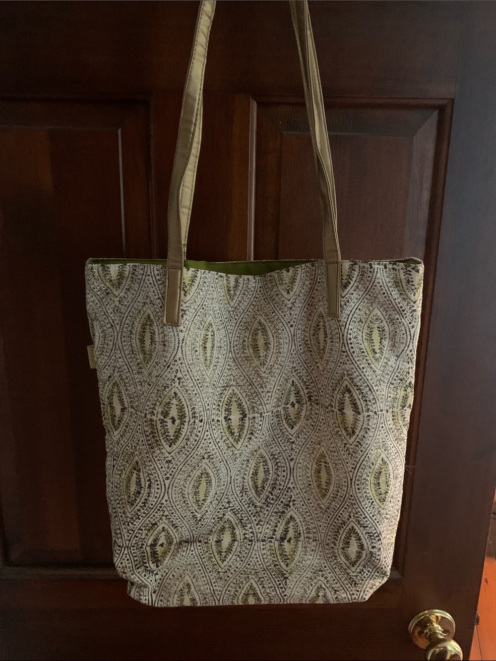 Patterned Canvas Tote Bag in Beige and Olive
